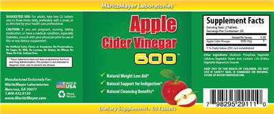 Photo of the MaritzMayer Laboratories Apple Cider Vinegar 600 label