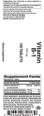 Photo of the Indiana Botanic Gardens Vitamin B-1 250 mg label