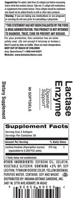 Photo of the Indiana Botanic Gardens Lactase Enzyme label
