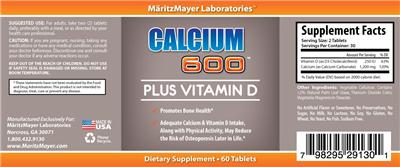 Photo of the MaritzMayer Laboratories Calcium 600 Plus Vitamin D label