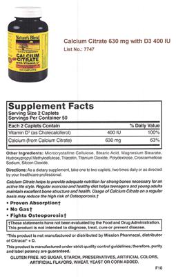 Photo of the Nature's Blend Calcium Citrate With Vitamin D3 label