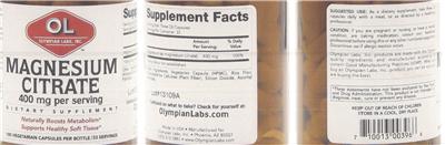 Photo of the OL Olympian Labs Magnesium Citrate 400 mg label