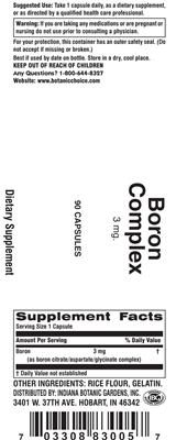 Photo of the Indiana Botanic Gardens Boron Complex 3 mg label