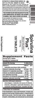 Photo of the Indiana Botanic Gardens Spirulina Plus 500 mg label