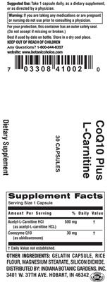 Photo of the Indiana Botanic Gardens CoQ10 Plus L-Carnitine label