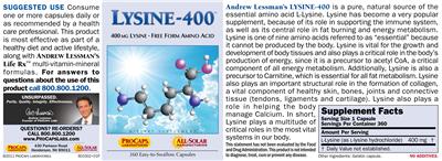 Photo of the ProCaps Laboratories Lysine-400 label