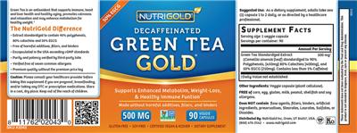 Photo of the NutriGold Decaffeinated Green Tea Gold label