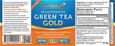Photo of the NutriGold Decaffeinated Green Tea Gold 500 mg label