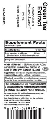 Photo of the Indiana Botanic Gardens Green Tea Extract 500 mg label