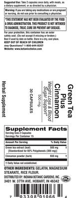Photo of the Indiana Botanic Gardens Green Tea Plus Cinnamon 500 mg label
