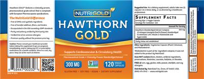 Photo of the NutriGold Hawthorn Gold 300 mg label