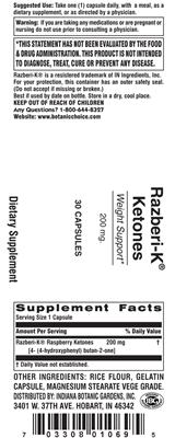 Photo of the Indiana Botanic Gardens Razberi-K Ketones 200 mg label