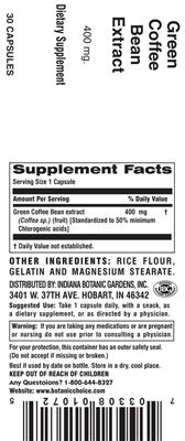 Photo of the Indiana Botanic Gardens Green Coffee Bean Extract 400 mg label