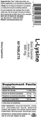 Photo of the Indiana Botanic Gardens L-Lysine 500 mg label