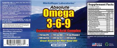 Photo of the MaritzMayer Laboratories Absolute Omega 3-6-9 label