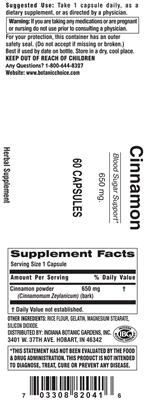 Photo of the Indiana Botanic Gardens Cinnamon 650 mg label