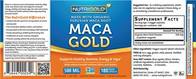Photo of the NutriGold Maca Gold 500 mg label