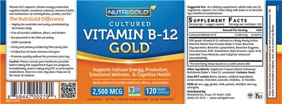Photo of the NutriGold Cultured Vitamin B-12 Gold 2,500 mcg label