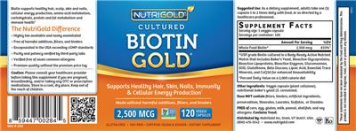 Photo of the NutriGold Cultured Biotin Gold 2,500 mcg label