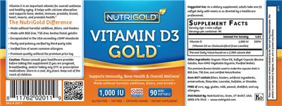 Photo of the NutriGold Vitamin D-3 Gold 1,000 IU label