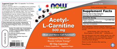 Photo of the NOW Acetyl-L Carnitine 500 mg label