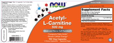 Photo of the NOW Acetyl-L-Carnitine 500 mg label