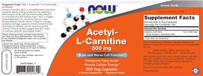 Photo of the NOW Acetyl-L-Carnitine 500 mg label