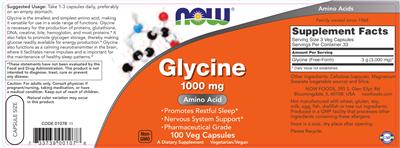 Photo of the NOW Glycine 1000 mg label