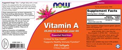 Photo of the NOW Vitamin A 25,000 IU from Fish Liver Oil label