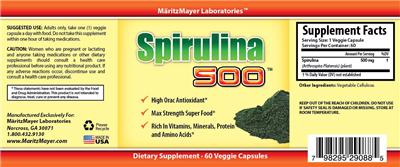 Photo of the MaritzMayer Laboratories Spirulina 500 label
