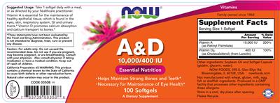 Photo of the NOW A & D 10,000/400 IU label
