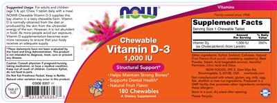 Photo of the NOW Chewable Vitamin D3 1,000 IU label
