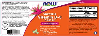 Photo of the NOW Chewable Vitamin D-3 5,000 IU label
