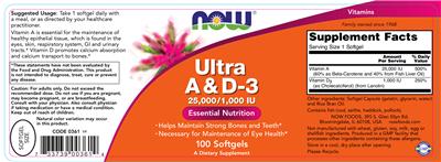 Photo of the NOW Ultra A & D-3 25,000/1,000 IU label