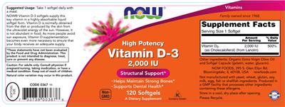 Photo of the NOW High Potency Vitamin D-3 2,000 IU label