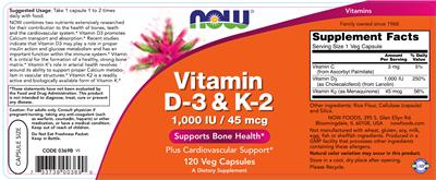 Photo of the NOW Vitamin D-3 & K-2 1,000 IU/45 mcg label