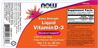 Photo of the NOW Extra Strength Liquid Vitamin D-3 label
