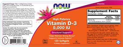 Photo of the NOW High Potency Vitamin D-3 5,000 IU label