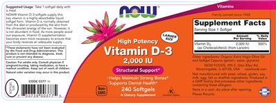 Photo of the NOW High Potency Vitamin D-3 2,000 IU label