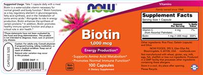 Photo of the NOW Biotin 1,000 mcg label