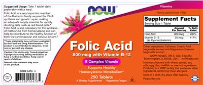 Photo of the NOW Folic Acid 800 mcg With Vitamin B-12 label
