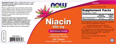 Photo of the NOW Niacin 500 mg label
