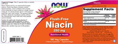 Photo of the NOW Flush-Free Niacin 250 mg label