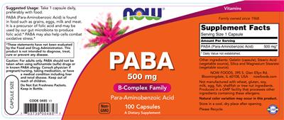 Photo of the NOW PABA 500 mg label