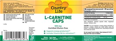 Photo of the Country Life L-Carnitine Caps 500 mg label