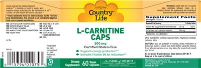Photo of the Country Life L-Carnitine Caps 500 mg label