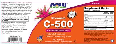 Photo of the NOW Chewable C-500 Natural Cherry-Berry Flavor label