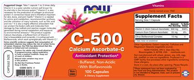 Photo of the NOW C-500 Calcium Ascorbate-C label