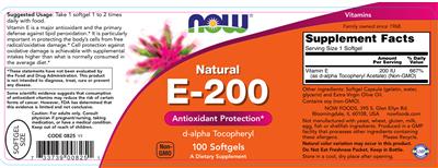 Photo of the NOW Natural E-200 label