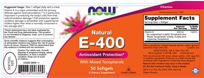Photo of the NOW Natural E-400 label